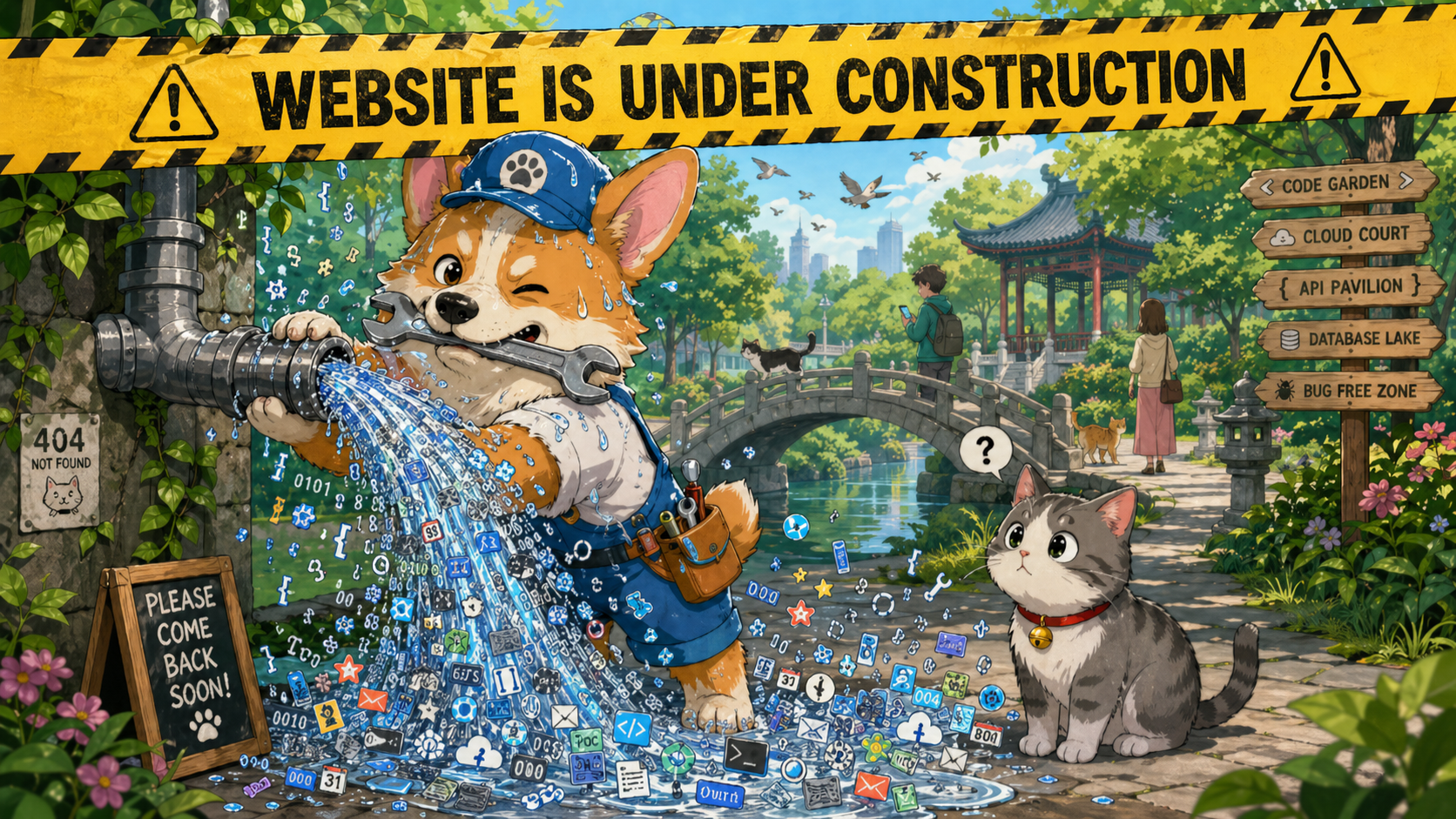 Corgi plumber fixing a leaking pipe in a garden while a cat watches.